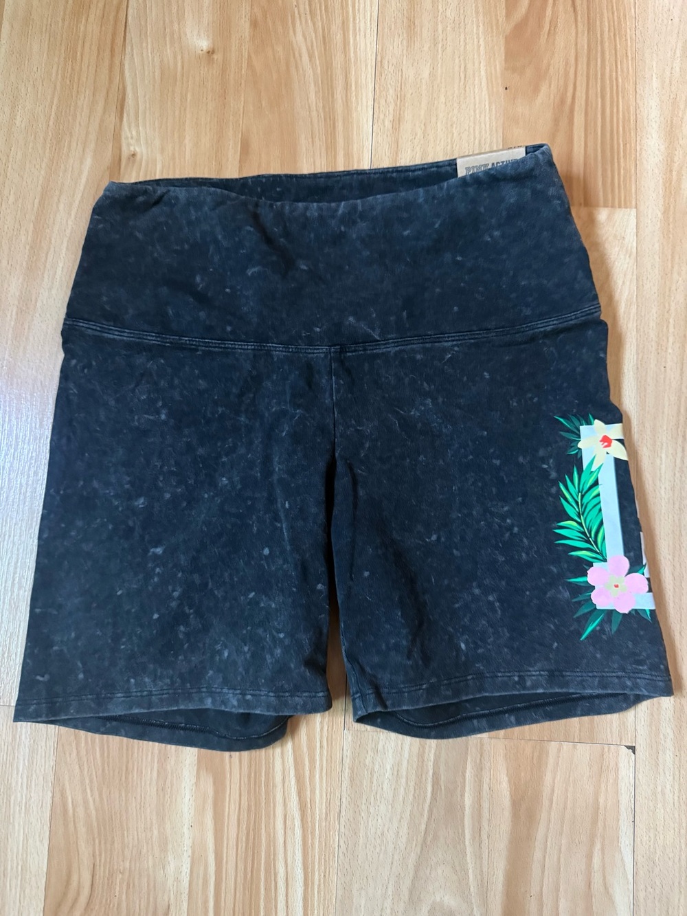 PINK Victoria's Secret Black Acid-Wash Bike Shorts with Floral Side Print